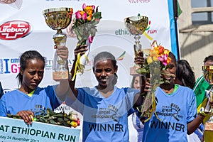 Winners of the 13th Edition Great Ethiopian Run womenÃ¢â¬â¢s race